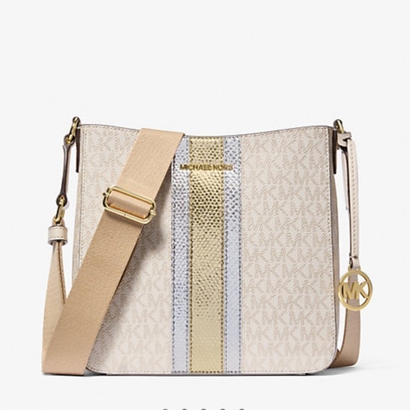 MICHAEL KORS-NWT Jet Set Travel Crossbody Metallic Messenger Bag White and Gold - Picture 1 of 8